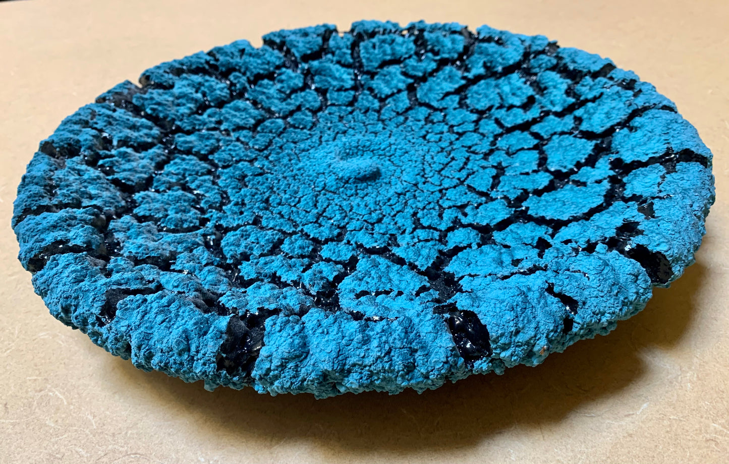 Crackle-glaze covered wheel-thrown earthenware platter art piece