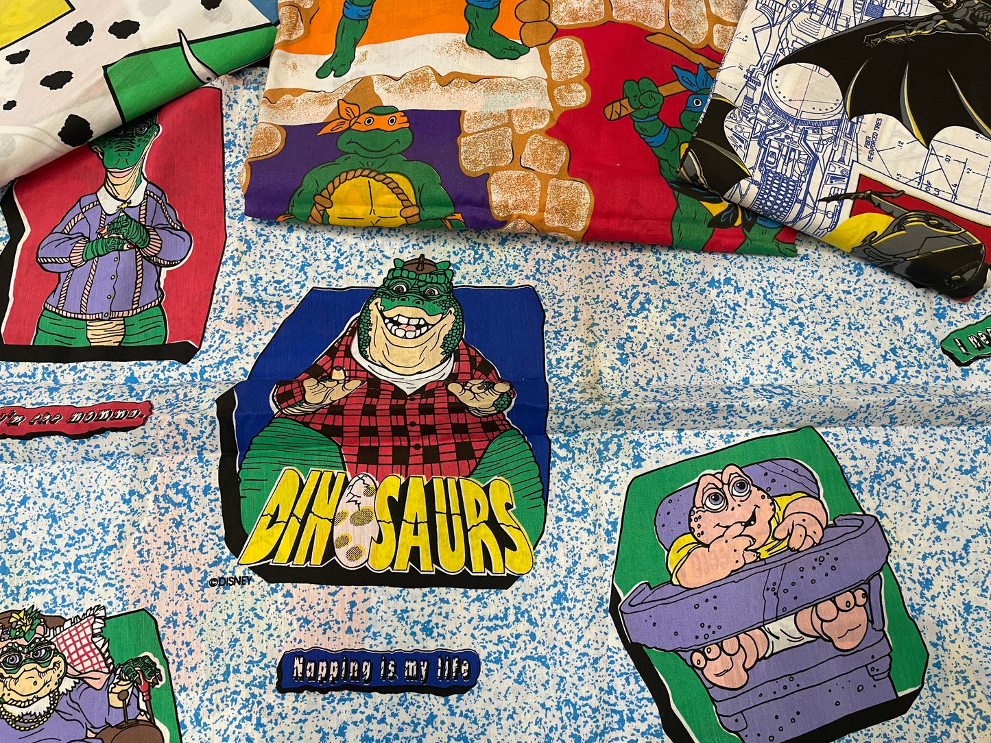 80’s & 90’s Fabrics, 12 large pcs, TMNT, Batman, Dinosaurs, 101 Dalmatians, Vintage