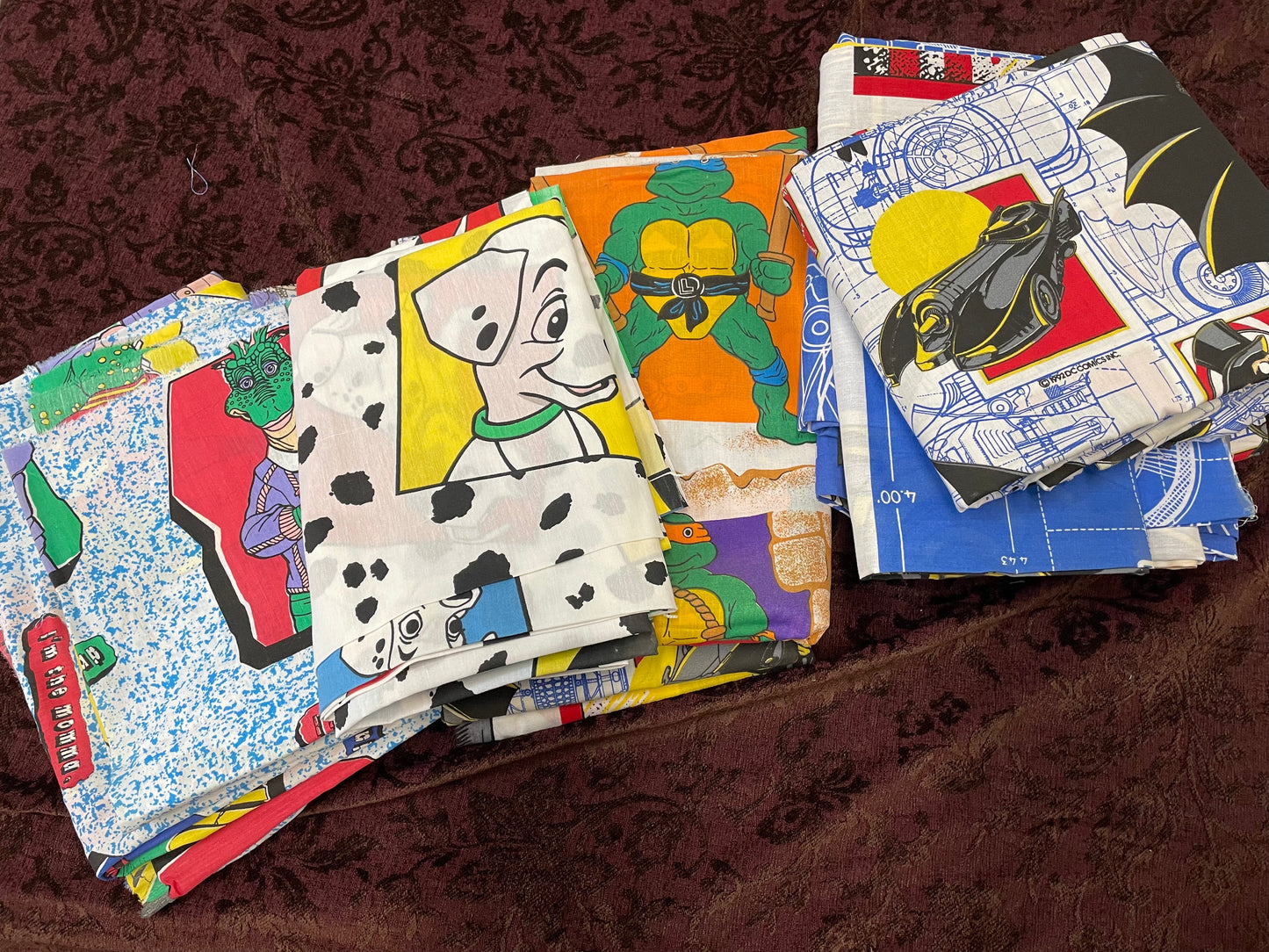 80’s & 90’s Fabrics, 12 large pcs, TMNT, Batman, Dinosaurs, 101 Dalmatians, Vintage