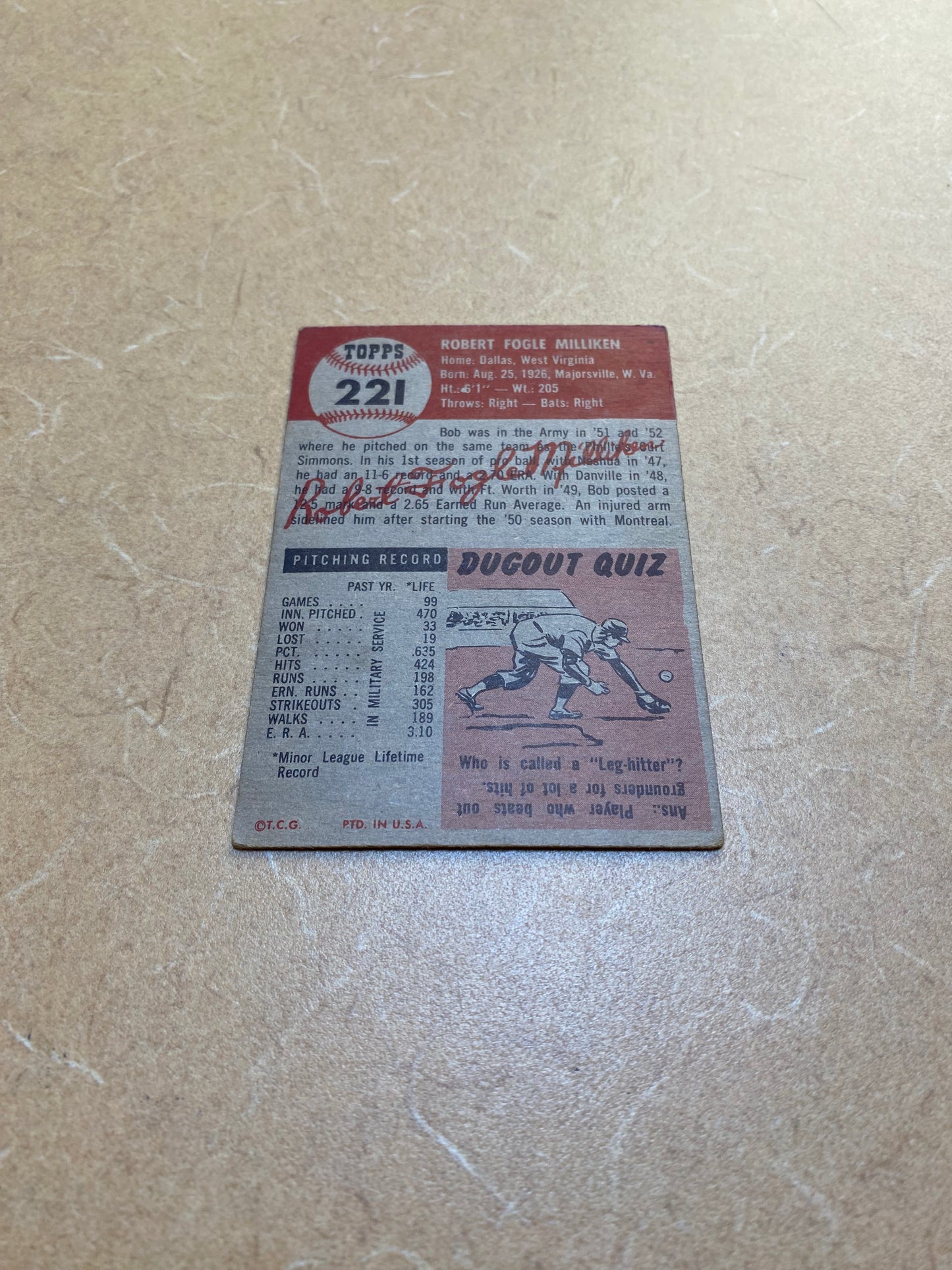 Topps 1953 #221 Bob Milliken