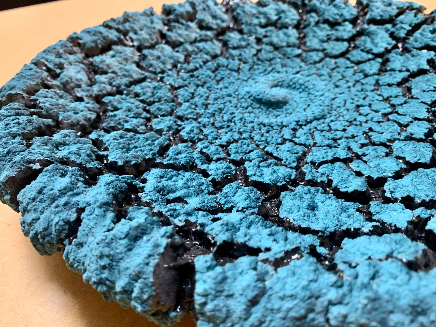 Crackle-glaze covered wheel-thrown earthenware platter art piece