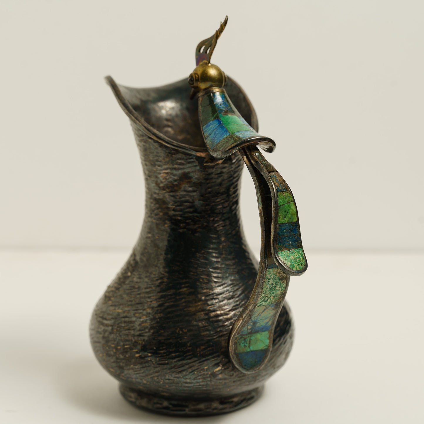 Vintage Los Castillo Malachite, Lapis and Lazuli and Brass Mounted Silver Plated Pitcher